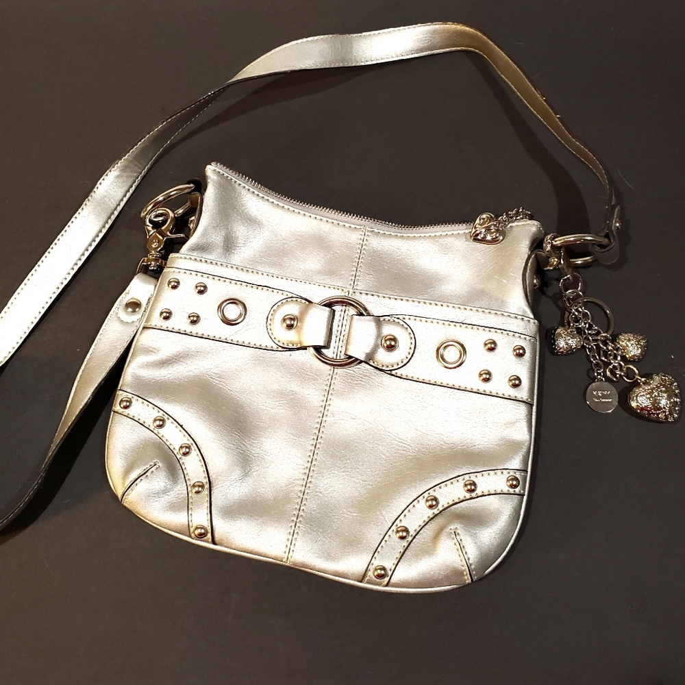 Kathy Van Zeeland Silver Studded Crossbody/Shoulder Bag Purse Handbag & Keychain - Picture 9 of 14